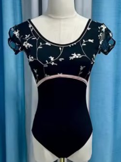 画像1: お袖が可愛い刺繍レオタード　黒